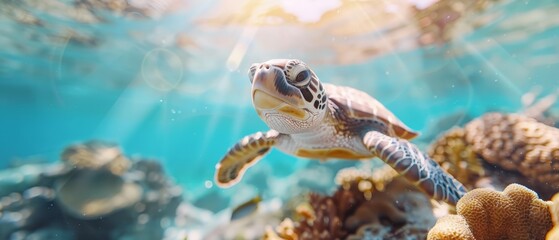 Fototapeta premium A sea turtle swims above a coral reef in crystal-clear, blue waters Sunlight penetrates, illuminating the scene