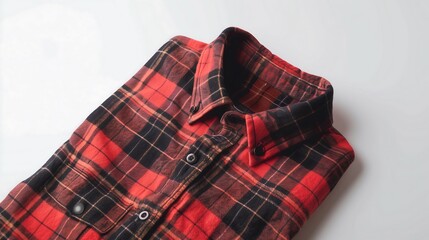 A well-folded plaid flannel shirt, featuring a rustic, rugged design, ideal for layering and keeping warm during chilly days.


