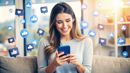 Young adult woman happily scrolling through her phone, surrounded by multiple devices, with various social media icons and notifications displayed on the screens.