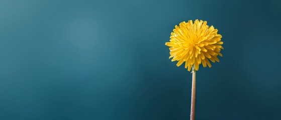  A solitary yellow dandelion atop a wooden stick against a teal-blue wall