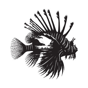 recommend clip art: silhouette of Lionfish filled with nature view in rough drawing
