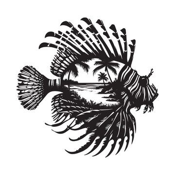 recommend clip art: silhouette of Lionfish filled with ocean beach view with palm tree in rough drawing