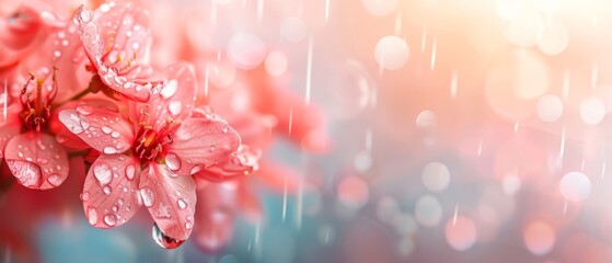  A table holds numerous pink blooms above a blue-pink cloth, featuring water drops on the petals Background slightly blurred