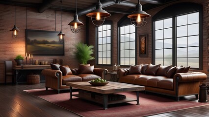 Fototapeta premium Interior of loft living room with brown leather sofas and wooden coffee table. 3d rendering