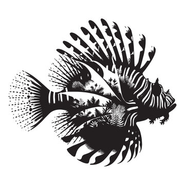 recommend clip art: silhouette of Lionfish filled with tropical plant in the jungle in rough drawing