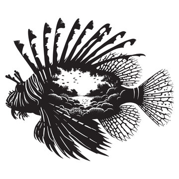 black and white lionfish underwater scene clip art preview