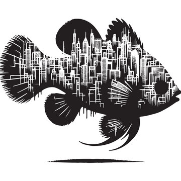 recommend clip art: silhouette of Mandarinfish filled with cityline in rough drawing