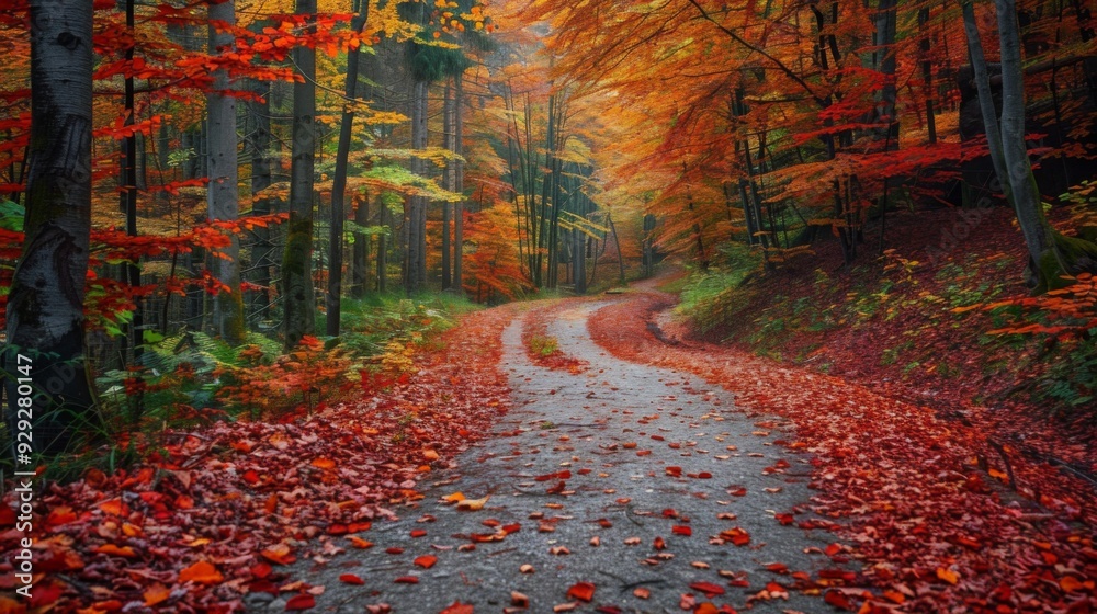 Poster A winding path through a forest is blanketed with colorful fallen leaves, illuminated by the soft morning light.