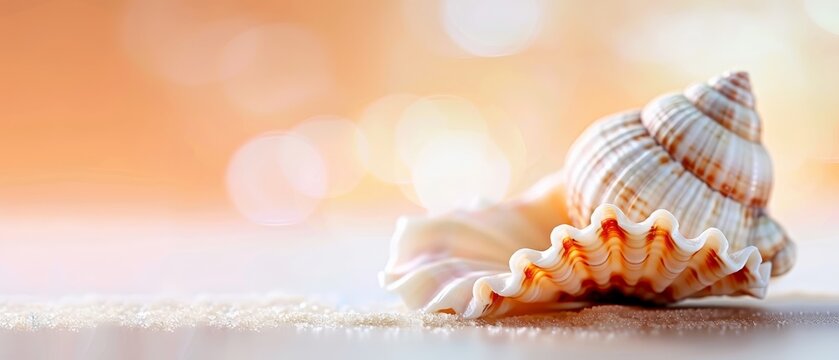  A tight shot of a seashell on a sandy beach, illuminated by soft bokeh light on the surrounding sand, with a blurred background
