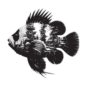 recommend clip art: silhouette of Mandarinfish filled with destroyed futuristic dystopia environment in rough drawing
