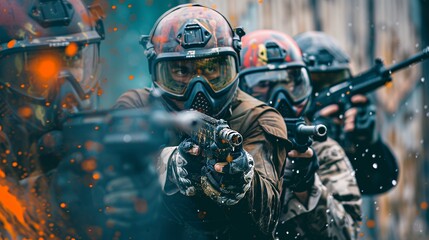 Obraz premium A group of individuals in tactical gear aiming with weapons in a paintball scenario.