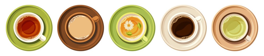 Cups of coffee, black tea, green tea, and herbal tea isolated on a white background. Colorful tea and coffee cups top view. Set of vector illustrations