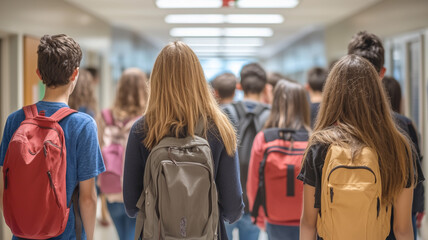 Group of high school friends strolling down a school corridor, talking and laughing, shot from behind with ample space for text. Ai generated