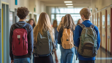 Group of high school friends strolling down a school corridor, talking and laughing, shot from behind with ample space for text. Ai generated