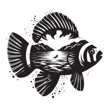 recommend clip art: silhouette of Mandarinfish filled with river view in rough drawing
