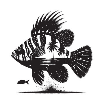 recommend clip art: silhouette of Mandarinfish filled with ocean beach view with palm tree in rough drawing
