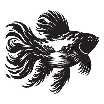 recommend clip art: silhouette of Mandarinfish filled with river view in rough drawing