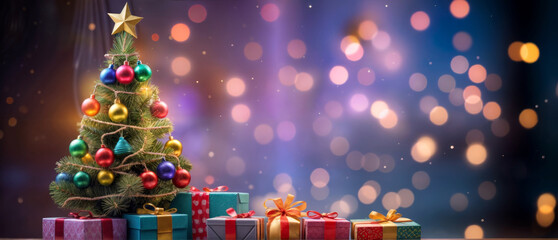 Colorful christmas tree with presents under sparkling lights