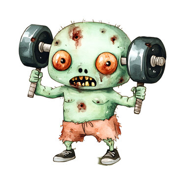 recommend clip art: A kawaii zombie strongman clipart, lifting weights, watercolor style
