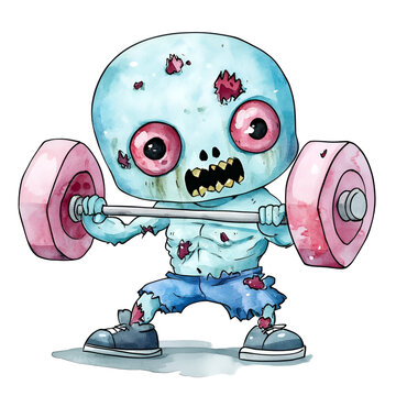 recommend clip art: A kawaii zombie strongman clipart, lifting weights, watercolor style