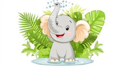   Baby elephant bathed in green foliage and a drizzle from its trunk