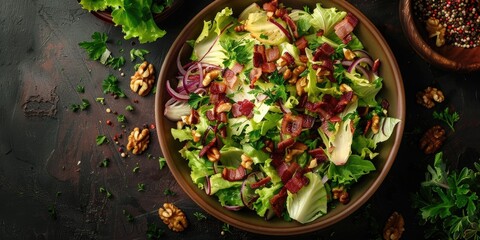 Top view of escarole salad with crispy bacon caramelized onion and crunchy walnuts