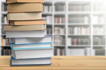 Set of books on table in library, education concept