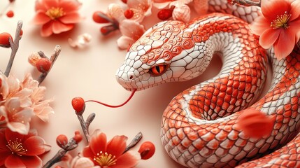 Fototapeta premium Close-Up of Colorful Snake Amid Vibrant Blossoms in Nature Setting