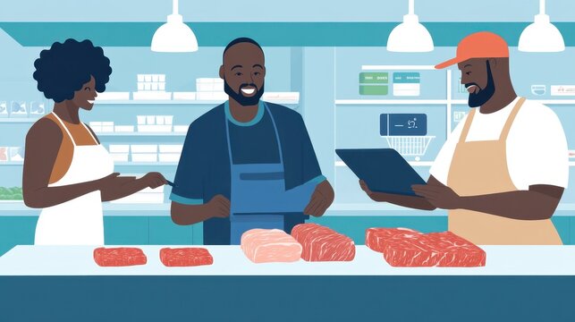 Three individuals explore premium meat selections together at a butcher shop