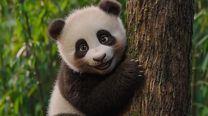 Obraz premium A panda bear perched high atop a lush green tree with wide-eyed gaze