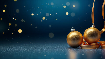 Festive gold christmas ornaments with glitter on a blue background