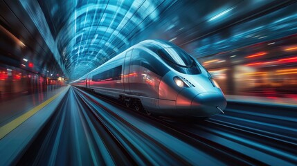 Fototapeta premium High-Speed Bullet Train in Modern Station at Night