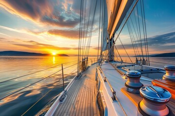 Sunset on the Water Tranquil Scene of a Sailboat Deck aglow with the Golden Hour Light