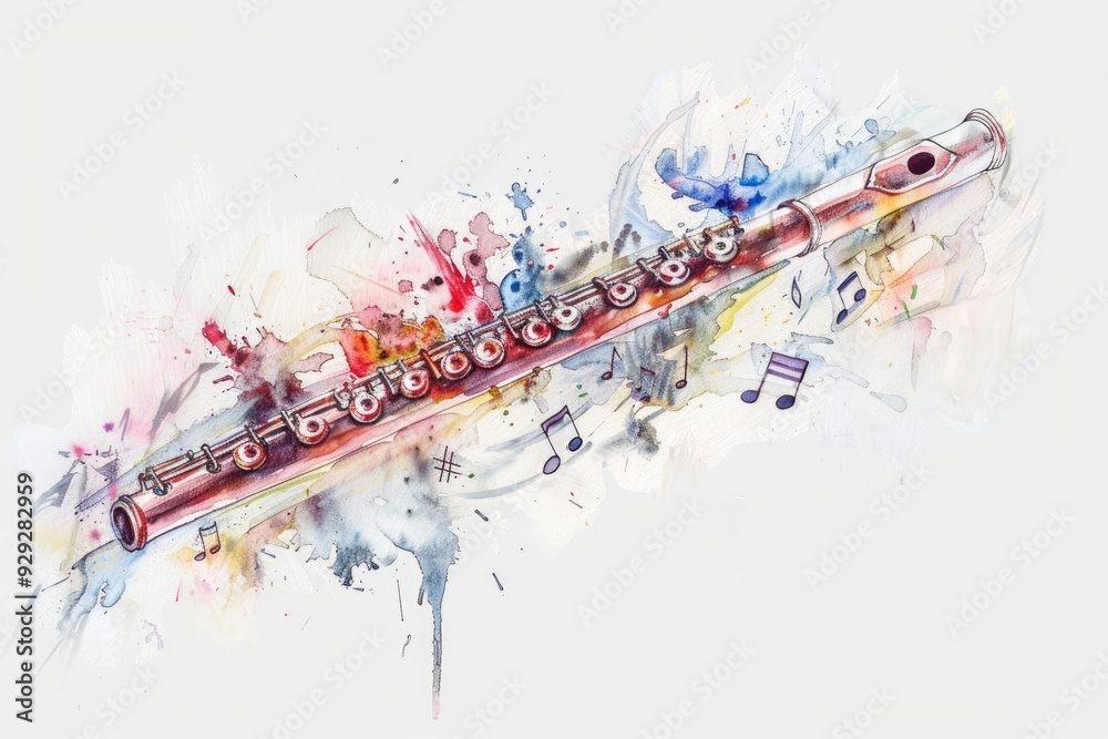 Wall mural magical pan flute melody. hand-painted watercolor illustration of romantic musical love note in whit