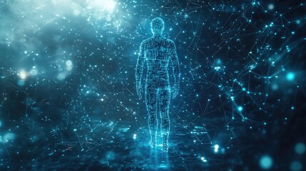 Fototapeta premium Futuristic Digital Human Figure amidst Virtual Network and Data Streams