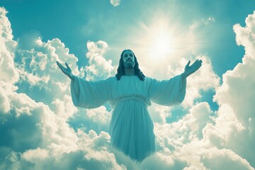 Jesus Christ In The Clouds on sky background,good friday concept with generative ai