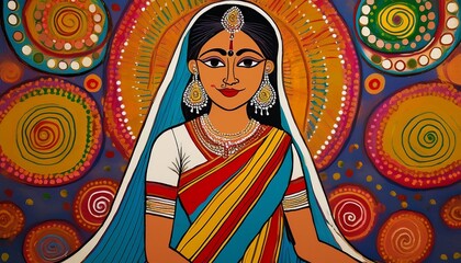 Colorful Madhubani art from India woman in sari in front of textured background.