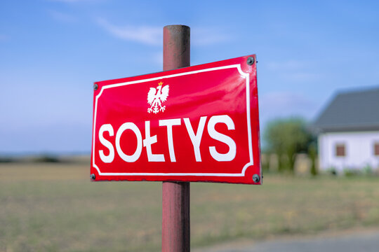 Polish information board reading "Soltys", meaning "village mayor" or "the chair of a village council".