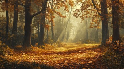 Obraz premium A serene autumn forest with golden leaves and soft sunlight filtering through the trees.