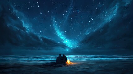 Serene Night by the Beach: A Captivating Couples' Moment with Starlit Skies and Gentle Waves – Perfect as a Cozy Poster for Romantic Interior Decor!