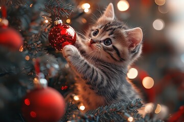 Obraz premium Playful kitten batting at a hanging ornament on a beautifully decorated Christmas tree