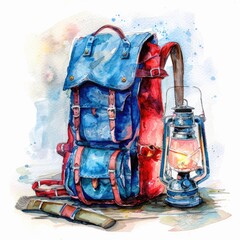 Outdoor Adventures: Hand-Drawn Watercolor Backpack and Camping Lantern for Hiking and Camping Enthusiasts