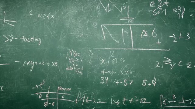 A chalkboard filled with complex mathematical equations and diagrams showcases advanced problem-solving techniques in an educational environment.