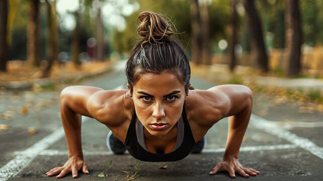 Young woman energetically engages in push-up exercises in a scenic park