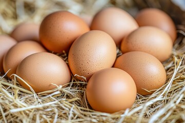 Pile of raw brown chicken eggs in straw with generaive ai