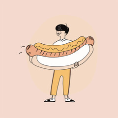  Person holding an oversized hotdog, minimalist style.
