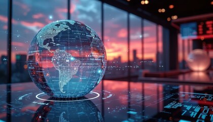 Futuristic Digital Globe in a High-Tech Office Overlooking a Cityscape at Sunset