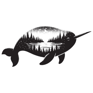 recommend clip art: silhouette of Narwhal filled with nature view in rough drawing