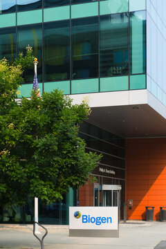 Cambridge, USA - 16 August 2024. View of leading global biotechnology company Biogen office logo sign, Biotechnology industry 