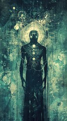 Fototapeta premium A man is standing in a green background with a lot of circles and lines. The man is wearing a black outfit and has a very strange and eerie appearance.